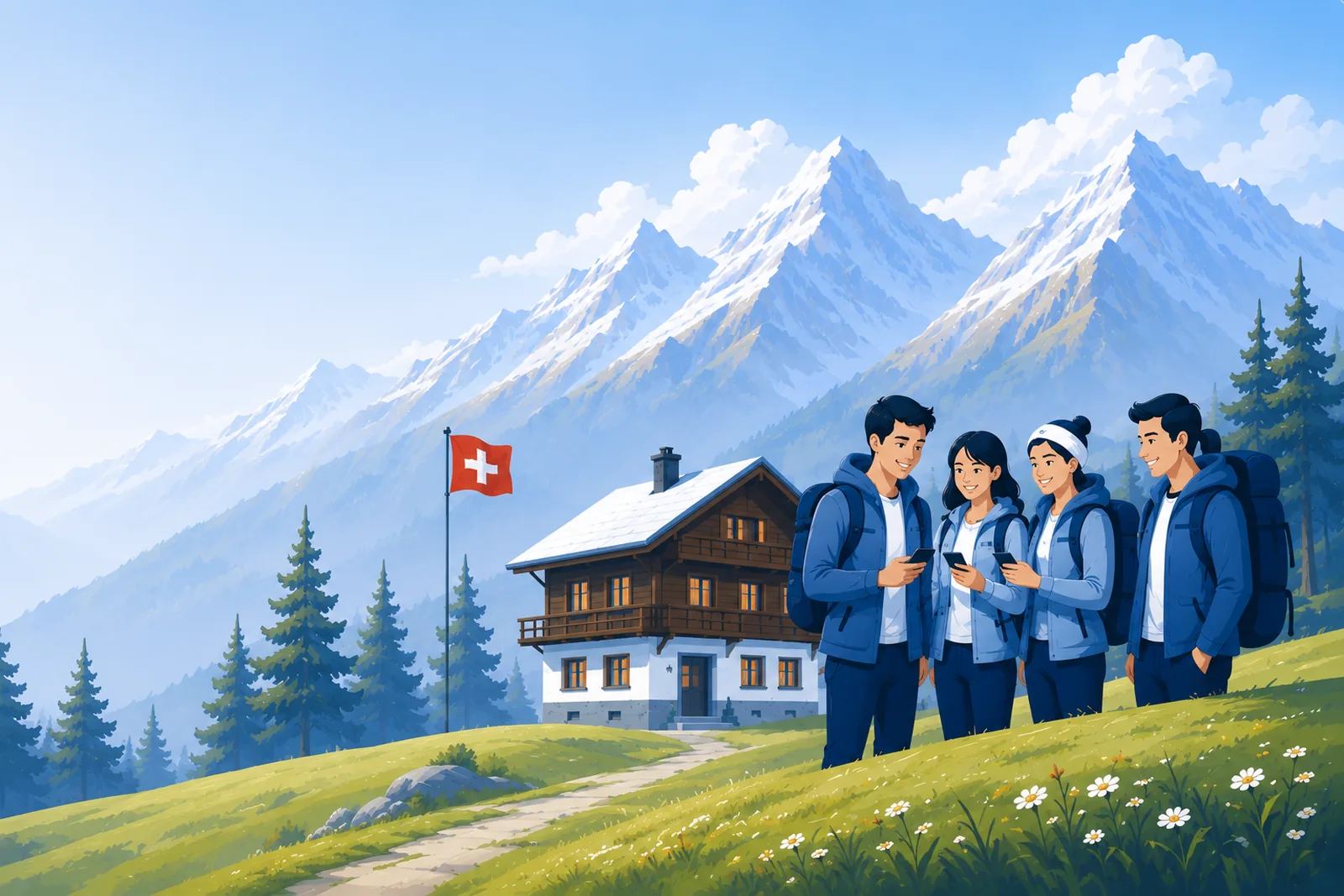 Gäste vor einer Schweizer Ferienwohnung in den Bergen